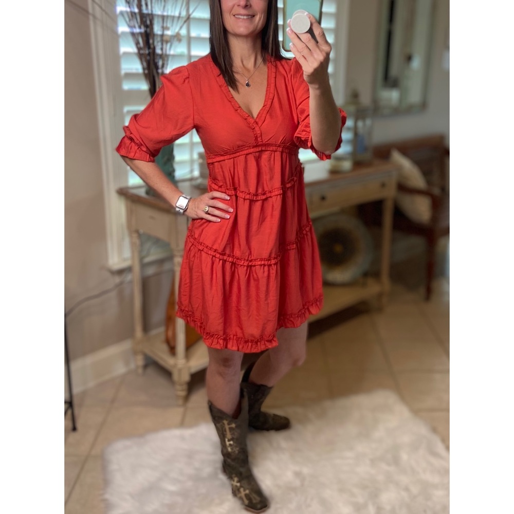 Tiered Ruffle Trim V-Neck Babydoll Rust 1821 - Picture 7 of 9